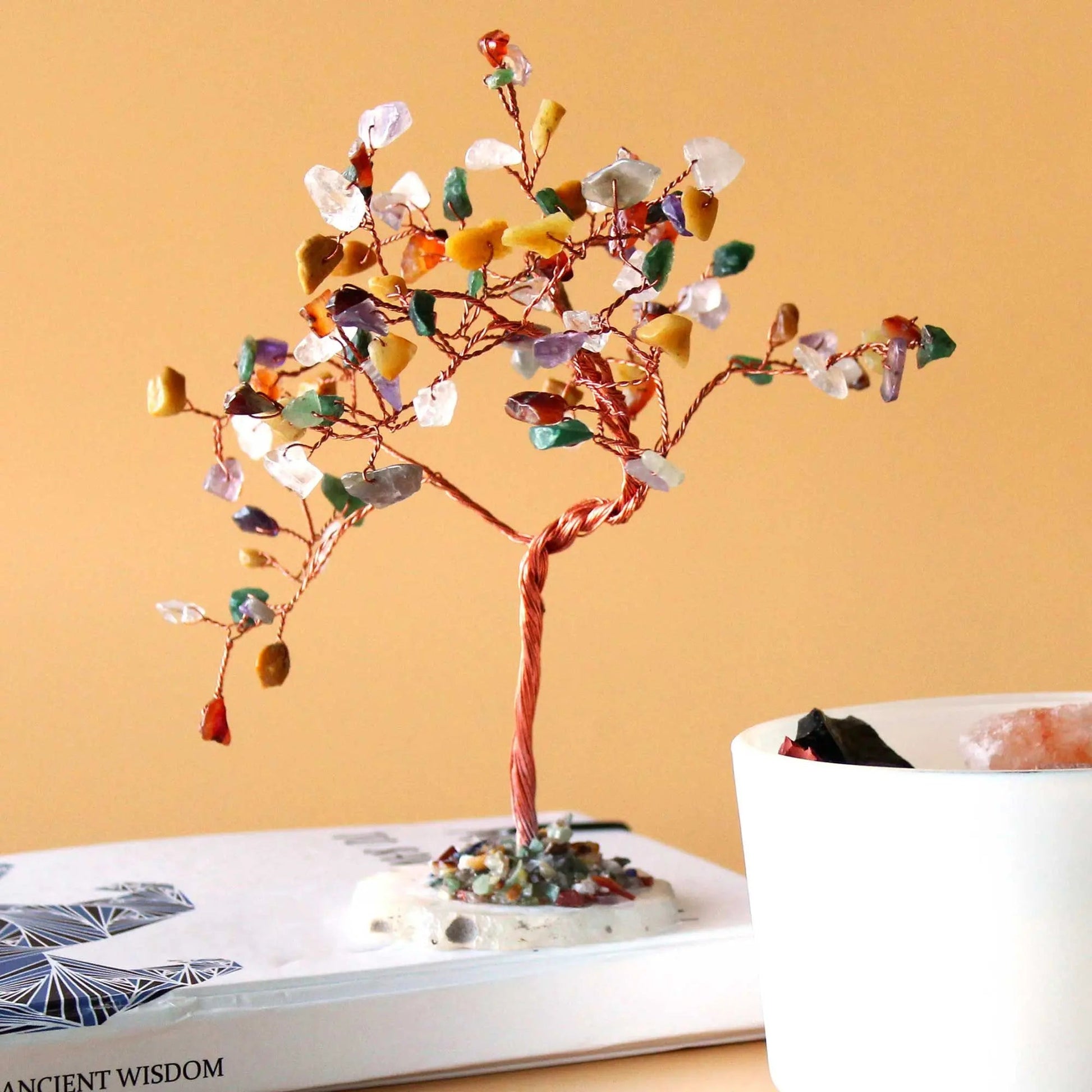 Lrg Gemstone Tree - Multi Stones on Natural Agate Base (100 stones) gemstone tree handmade in India for home decor and healin