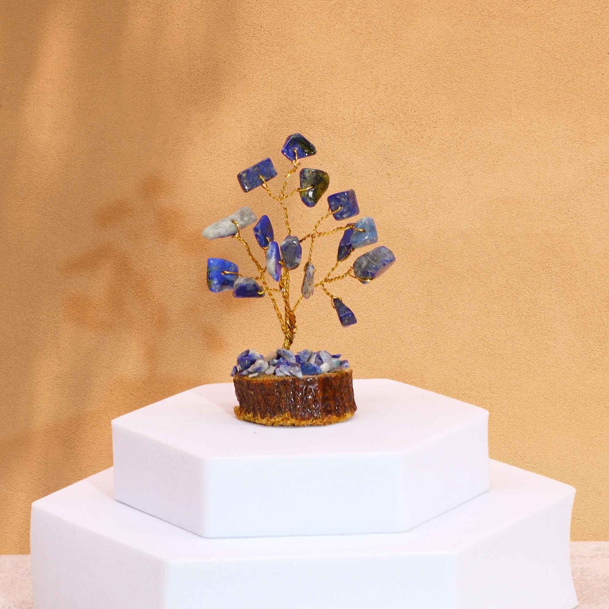 Mini Gemstone Tree On Wood Base - Sodalite (15 stones) gemstone tree handmade in India for home decor and healing.