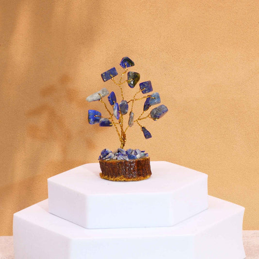 Mini Gemstone Tree On Wood Base - Sodalite (15 stones) gemstone tree handmade in India for home decor and healing.