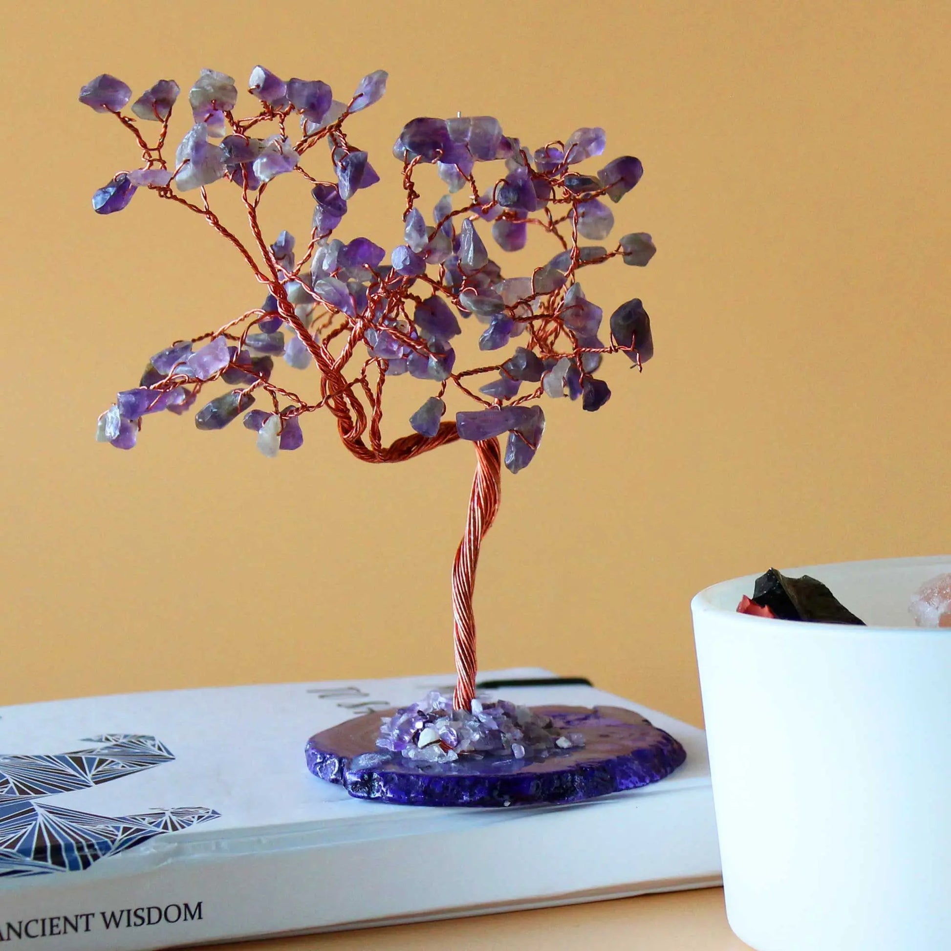Lrg Gemstone Tree - Amethyst on Natural Agate Base (100 stones) gemstone tree handmade in India for home decor and healing.