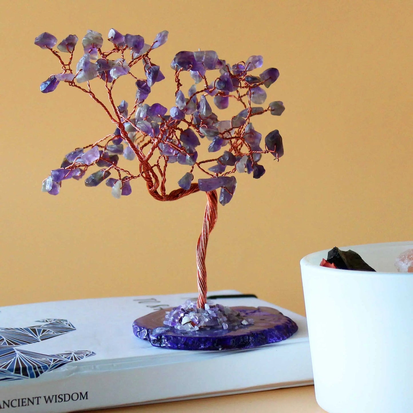 Lrg Gemstone Tree - Amethyst on Natural Agate Base (100 stones) gemstone tree handmade in India for home decor and healing.