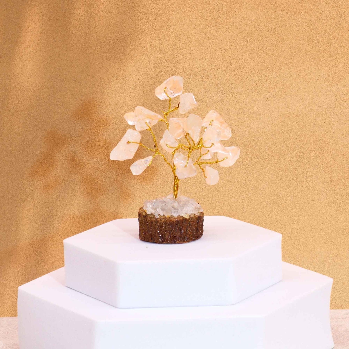 Mini Gemstone Tree On Wood Base - Rock Quartz (15 stones) gemstone tree handmade in India for home decor and healing.