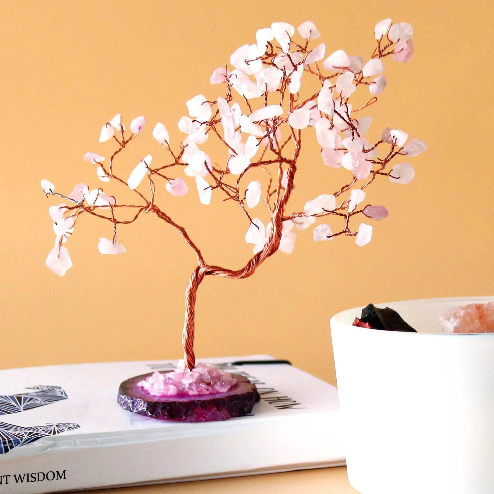 Lrg Gemstone Tree - Rose Quartz on Pink Agate Base (100 stones) gemstone tree handmade in India for home decor and healing.