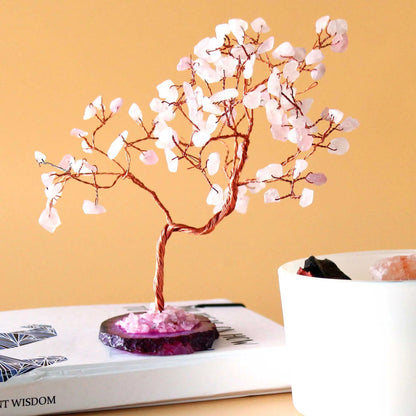 Lrg Gemstone Tree - Rose Quartz on Pink Agate Base (100 stones) gemstone tree handmade in India for home decor and healing.