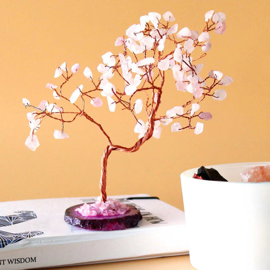 Lrg Gemstone Tree - Rose Quartz on Pink Agate Base (100 stones) gemstone tree handmade in India for home decor and healing.