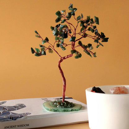 Lrg Gemstone Tree - Green Aventurine on Green Agate Base (100 stones) gemstone tree handmade in India for home decor and heal