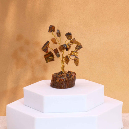 Mini Gemstone Tree On Wood Base - Tigereye (15 stones) gemstone tree handmade in India for home decor and healing.
