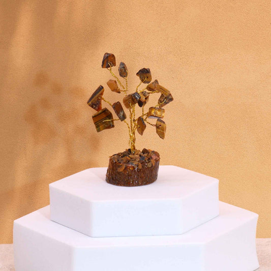 Mini Gemstone Tree On Wood Base - Tigereye (15 stones) gemstone tree handmade in India for home decor and healing.
