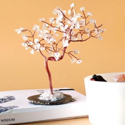Lrg Gemstone Tree - Rock Quartz on Black Agate Base (100 stones) gemstone tree handmade in India for home decor and healing.
