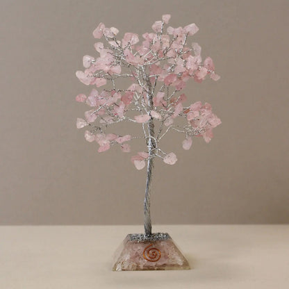 Gemstone Tree with Organite Base - 160 Stone - Rose Quartz gemstone tree handmade in India for home decor and healing.