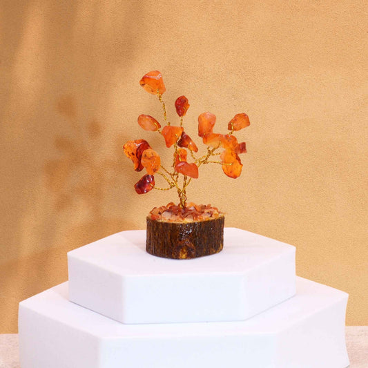 Mini Gemstone Tree On Wood Base - Carnelian (15 stones) gemstone tree handmade in India for home decor and healing.