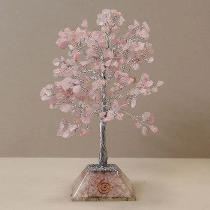 Gemstone Tree with Organite Base - 320 Stone - Rose Quartz gemstone tree handmade in India for home decor and healing.