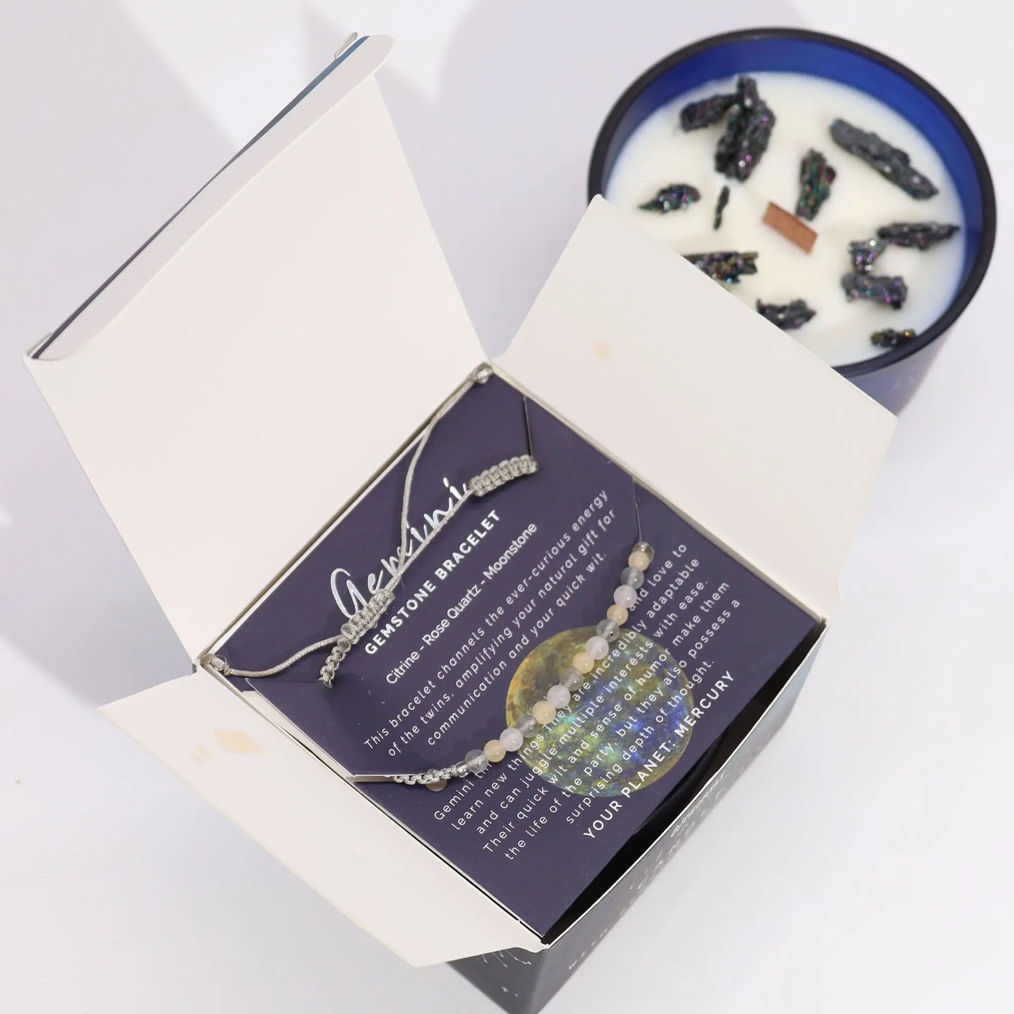 Zodiac Crystal Candle with Gemstone Bracelet - Gemini Ninja Aromatherapy