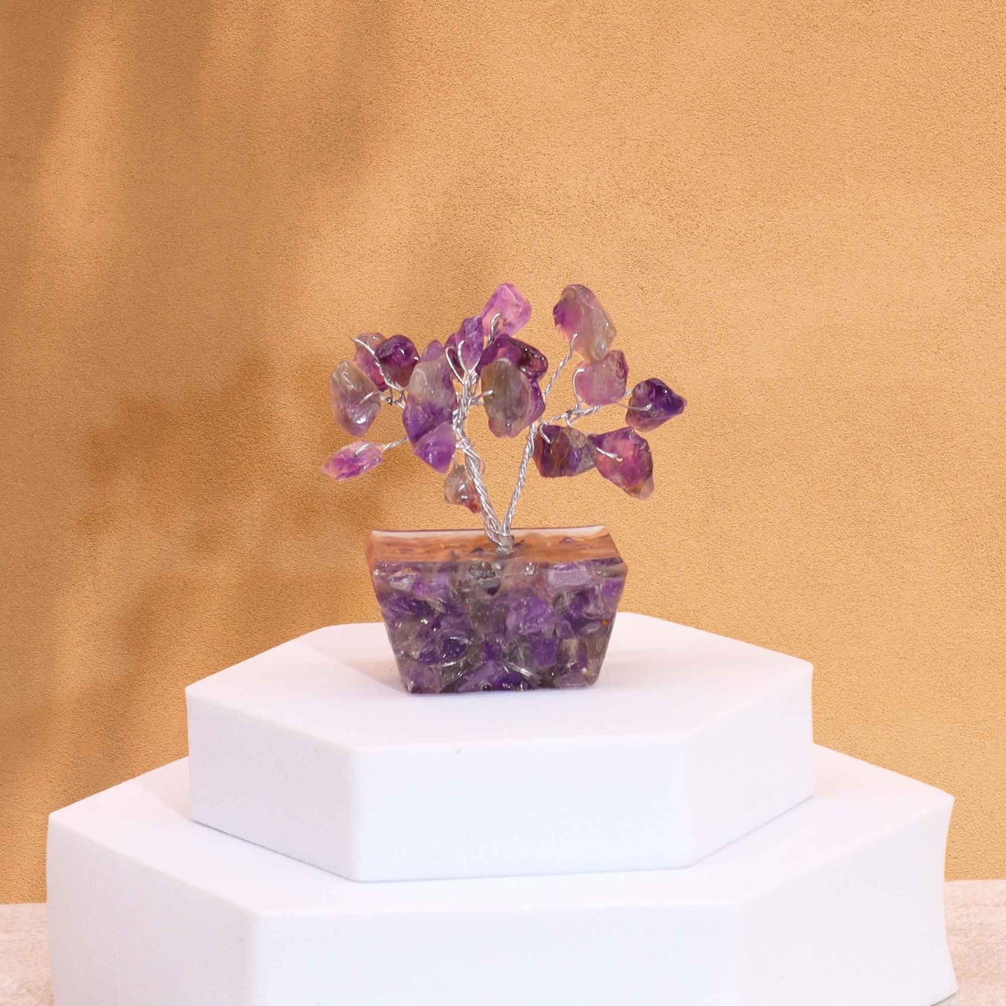 Mini Gemstone Tree On Orgonite Base - Amethyst (15 stones) gemstone tree handmade in India for home decor and healing.