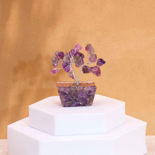 Mini Gemstone Tree On Orgonite Base - Amethyst (15 stones) gemstone tree handmade in India for home decor and healing.