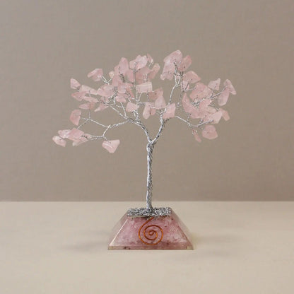 Gemstone Tree with Organite Base - 80 Stone - Rose Quartz gemstone tree handmade in India for home decor and healing.