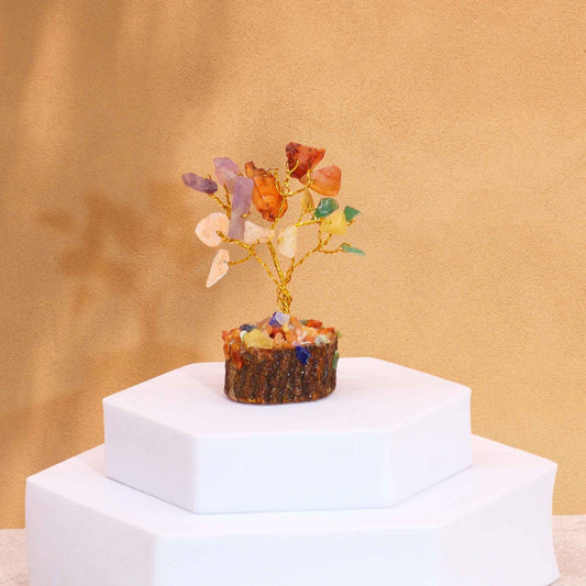 Mini Gemstone Tree On Wood Base - Multi Stones (15 stones) gemstone tree handmade in India for home decor and healing.