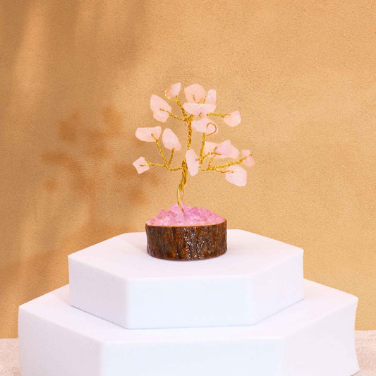 Mini Gemstone Tree On Wood Base - Rose Quartz (15 stones) gemstone tree handmade in India for home decor and healing.