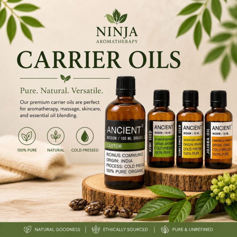 Base and carrier oil bottles from the Ninja Aromatherapy carrier oils range