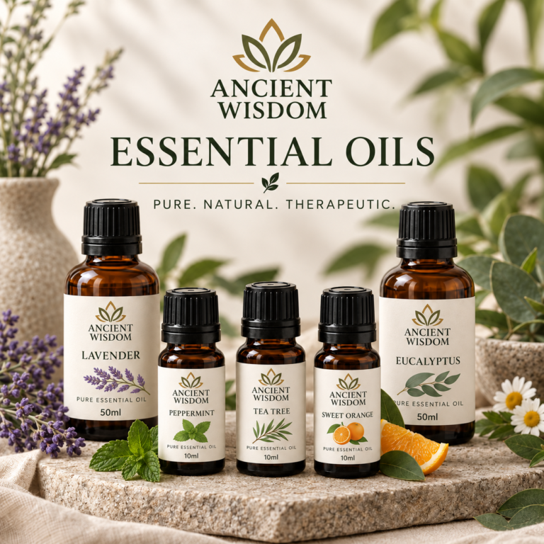 Ancient Wisdom essential oil bottles from the Ninja Aromatherapy essential oils range