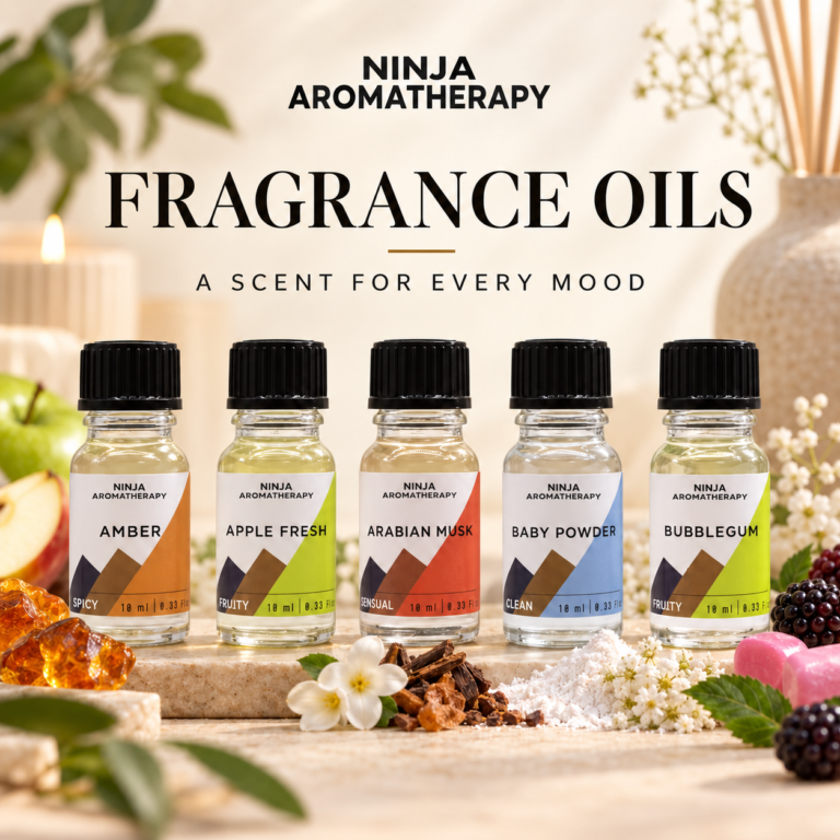 Fragrance oil bottles from the Ninja Aromatherapy fragrance oils range