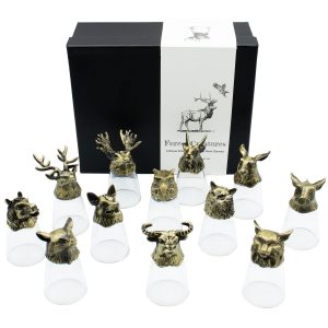 Gift Set of 12 Bottom Up Shot Glasses (25ml) - Forest &amp; Mystical Creatures - Antique Bronze