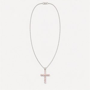 Indian Devotional Pendant - Silver Plated (45cm Chain)- Rose Quartz Crucifix