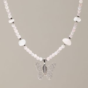 Nymph Rose Quartz Gemstone Necklace with Real Leaf Butterfly Pendant