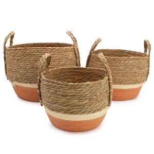 Straw &amp; Seagrass Large Baskets - Natural &amp; Orange- Set of 3