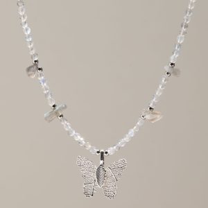 Nymph Labradorite Gemstone Necklace with Real Leaf Butterfly Pendant