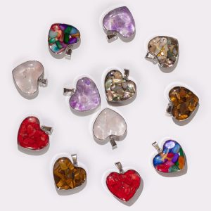 Steel Cased Pendant Hearts - 12 Assorted Gemstone Chips &amp; Shells