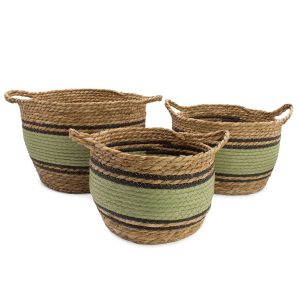 Cotton &amp; Seagrass Large Baskets - Natural Black &amp; Green- Set of 3
