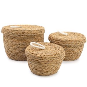 Seagrass &amp; Cotton Round Baskets with Lids - Natural - Set of 3