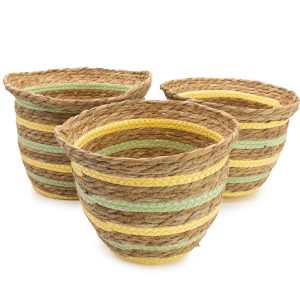 Seagrass &amp; Straw Vase Shaped Baskets  - Natural Yellow &amp; Green - Set of 3