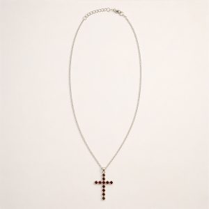 Indian Devotional Pendant - Silver Plated (45cm Chain)- Garnet Crucifix