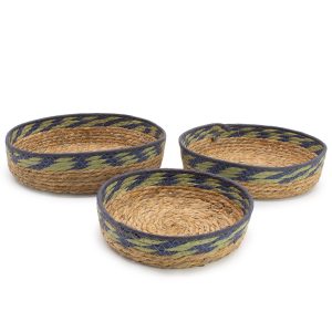 Straw &amp; Seagrass Tray Baskets - Natural Green &amp; Blue- Set of 3