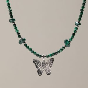 Nymph Malachite Gemstone Necklace with Real Leaf Butterfly Pendant
