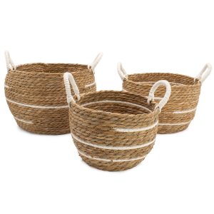 Cotton &amp; Seagrass Large Baskets – Natural Stripes – Set of 3